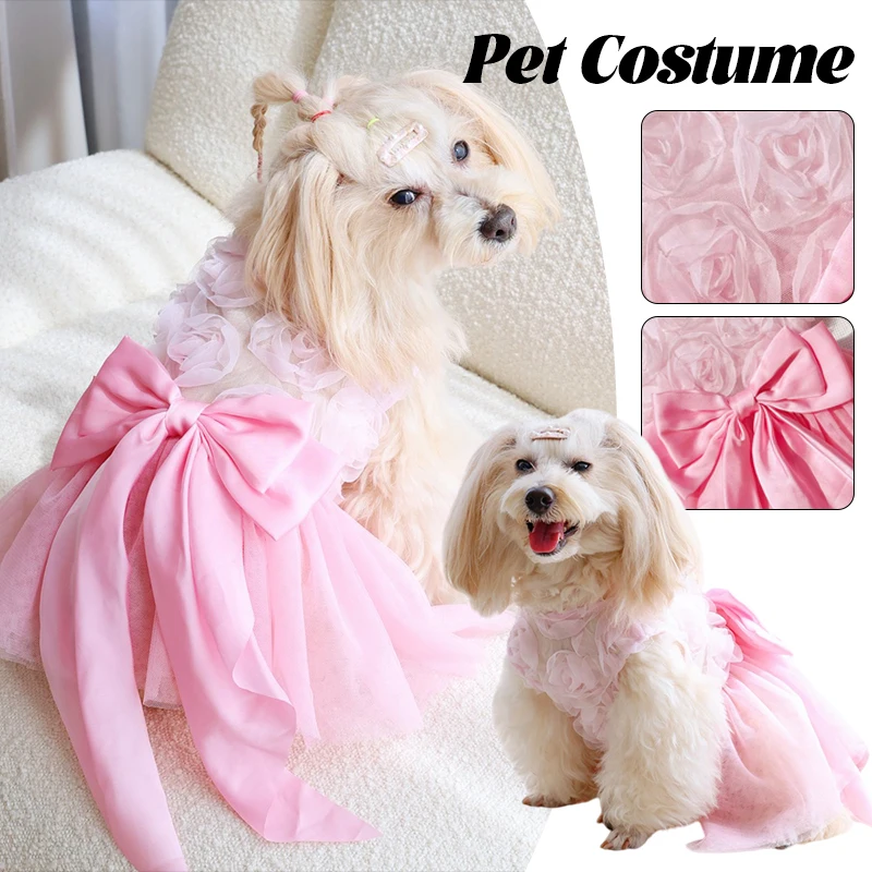 

Dog Princess Dress Pink Bow Rose Print Pet Dress for Small Dogs Puppy Cat Gradient 3D Floral Skirt Cute Princess Clothes