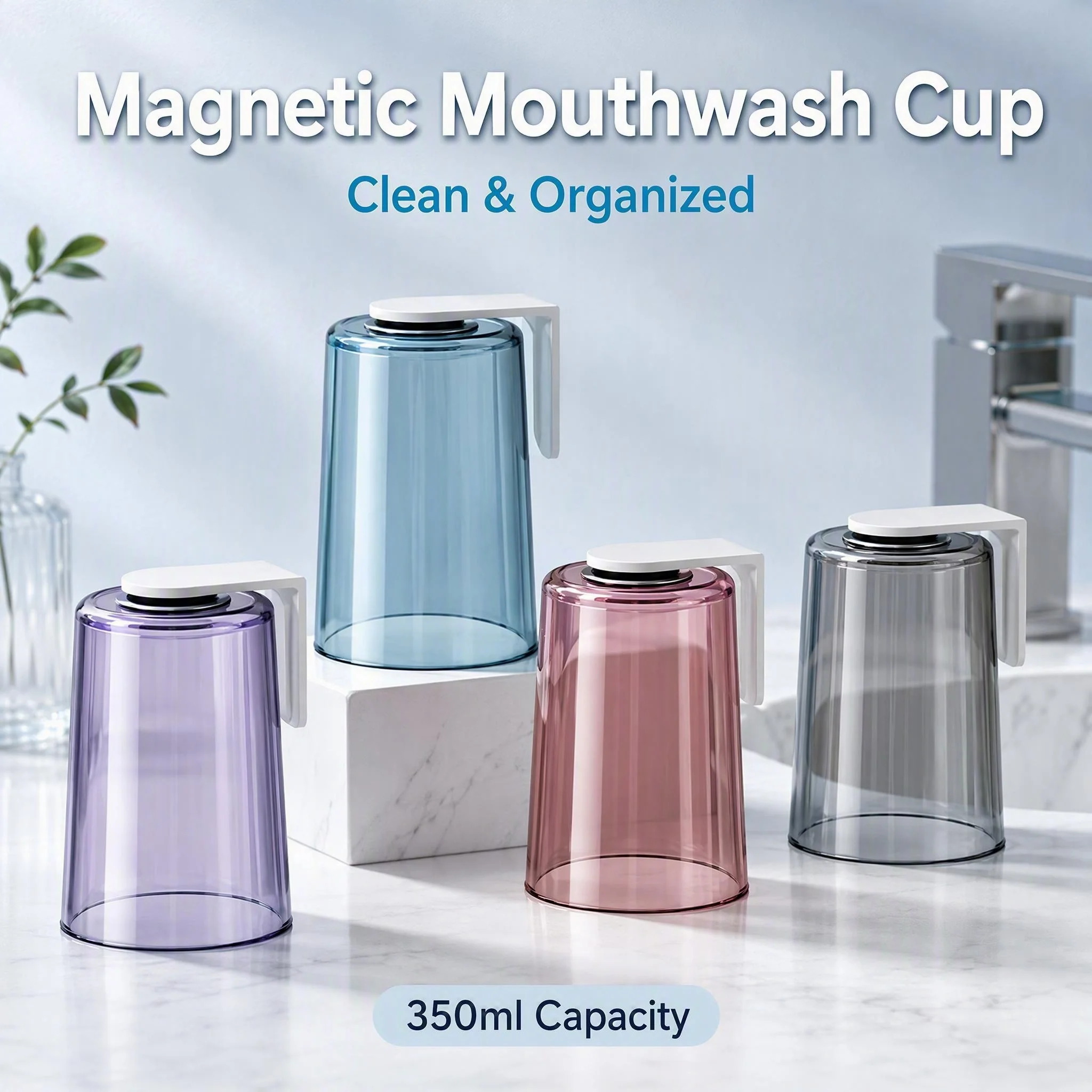 Magnetic Wall Mount PS Mouthwash Cup 350ml Transparent Upside Down Drain Tooth Cup for Bathroom