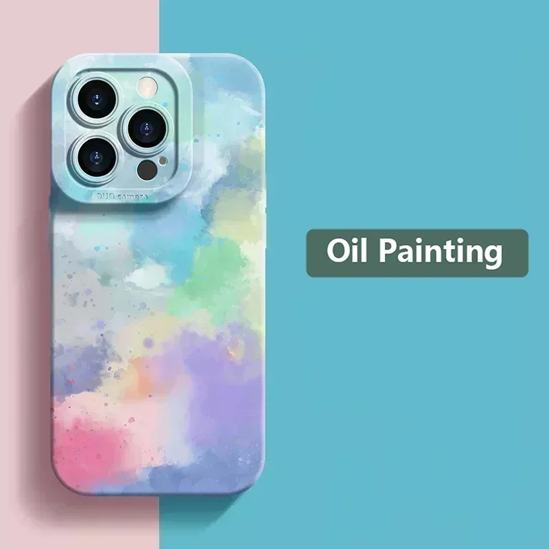 Watercolor Oil Painting Phone Case For iPhone 14 13 12 Mini 15 Pro Max 11 7 8 Plus X XS XR SE 2020 Soft Matte Silicone Cover