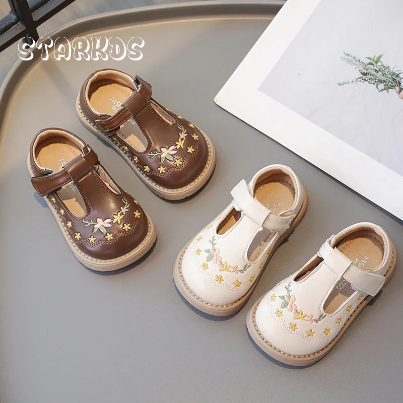 Flower Embroidery Leatherette Shoes Baby Kids T-Strap Mary Janes Toddler Girls Vintage Floral Ballet Flats in Brown White