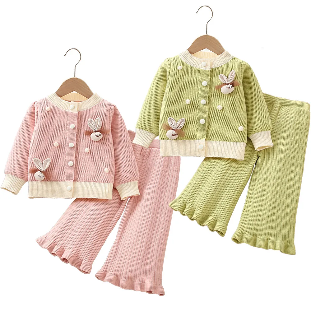 Girl Clothes Set Sweater Cardigan Knit Wide Leg Pants Flare Baby Toddler Girls Suits Jacket Coat Cute Rabbit Kid Children Outfit