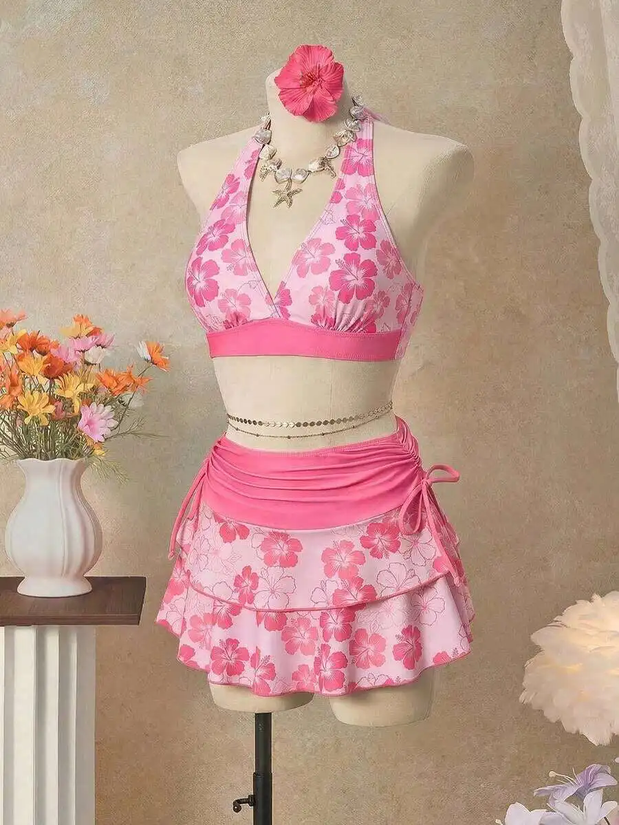 

Pink Floral Halter Triangle Bikini Top With Matching Skirt 3 Pieces Set Beach Resort Wear