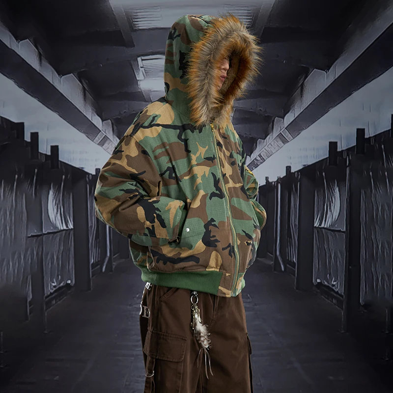 LUZHEN 2025 الشتاء موضة الصوف نحى بطانة سميكة فو الفراء مقنعين معطف مبطّن الرجال التمويه المطبوعة سترة سترة JY5339