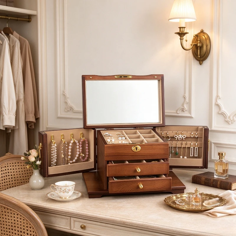 Vintage Solid Wood Jewelry Box Large Capacity Lockable Organizer with Mirror Multifunctional Home Wedding Gift for Necklaces