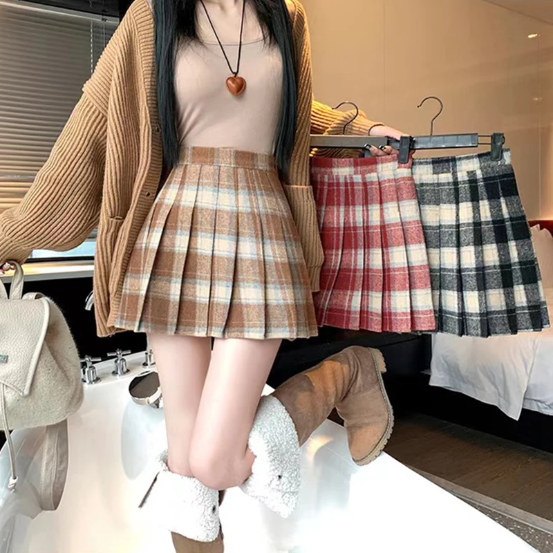 Vintage Plaid Wool Pleated Skirt for Women Winter High Waist Thicken Preppy Mini Skirts Y2K Female Korean All-Match Woolen Skirt