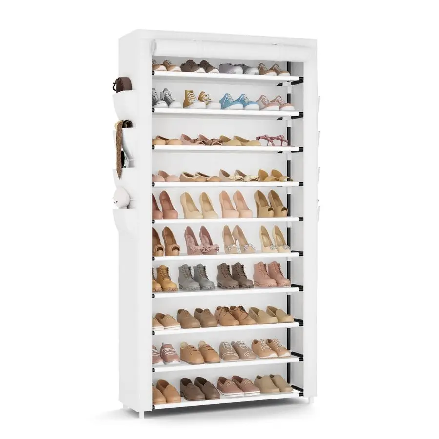 Tall Shoe Rack with Cover, 10 Tier Shoe Organizer Storage for 5055 Pairs Shoes and Boots Large Capacity Shoe Shelf with 8 Pocke