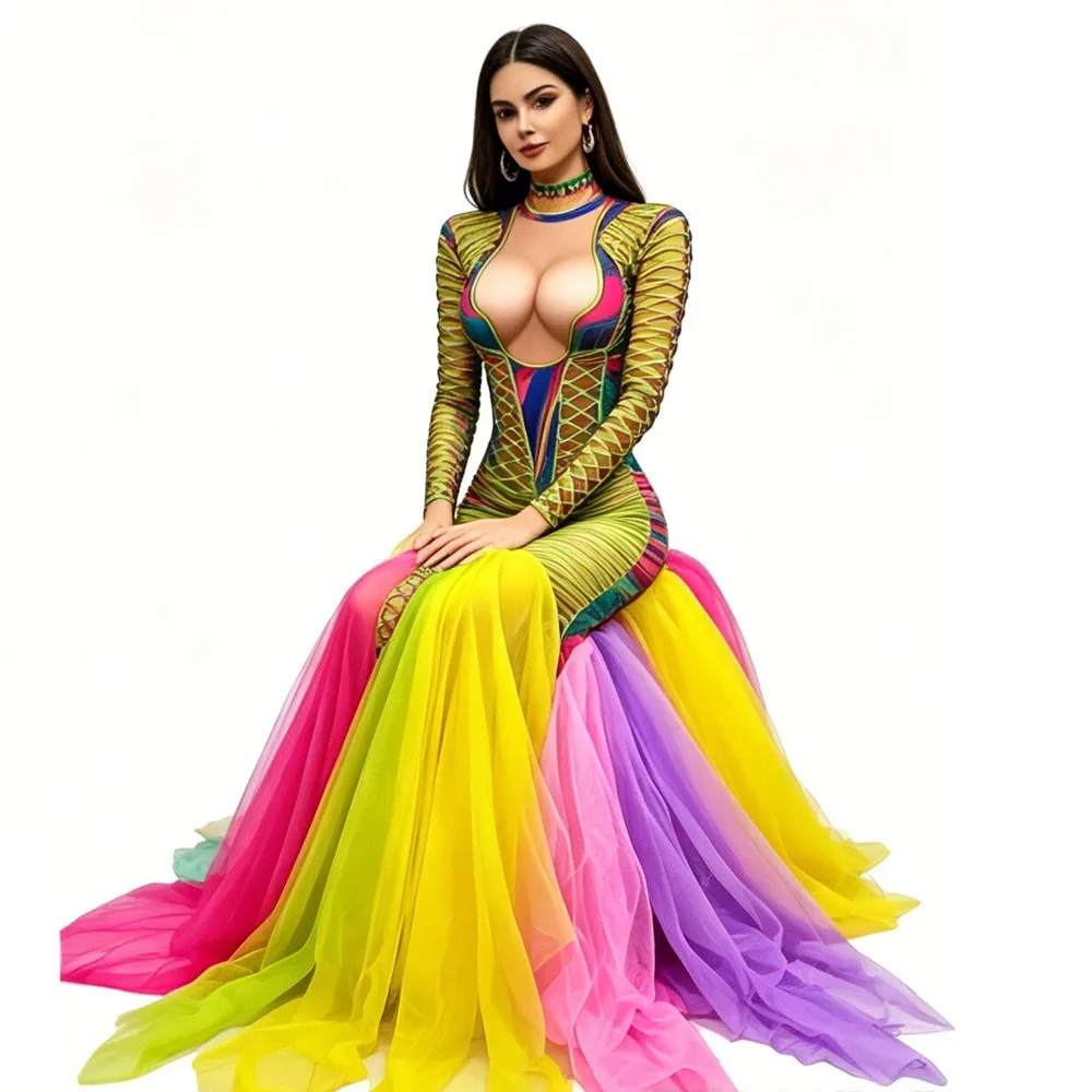 

In Stock Elegant Colorful Crystal Sequin Floor Length Maxi Dress Celebrity Singer Evening Celebration Catwalk Gown Stage Costume