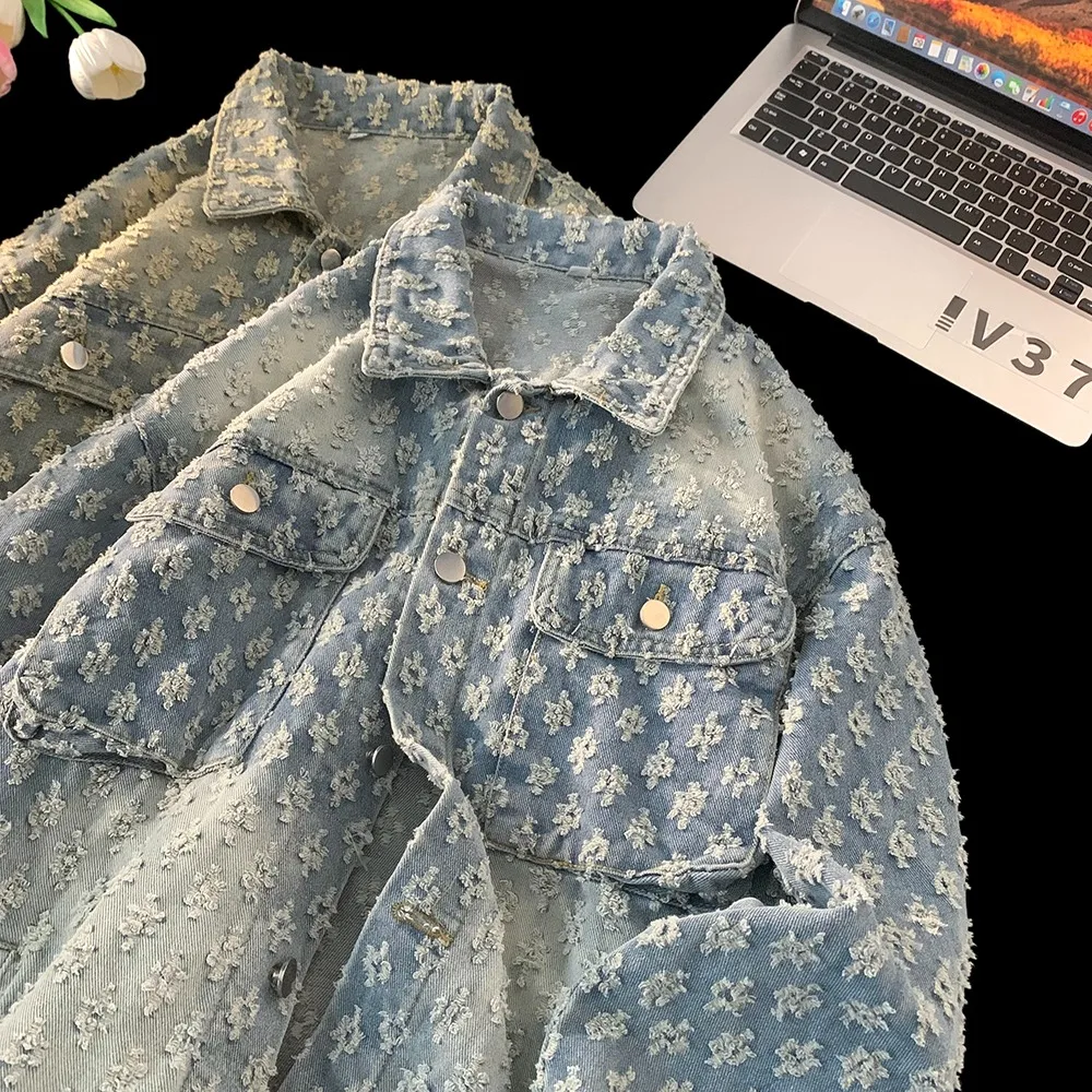 American Style Casual Loose Fit Denim Jacket Youth Trendy Embroidery Design Autumn Outerwear for Men Comfortable Cotton Polye...