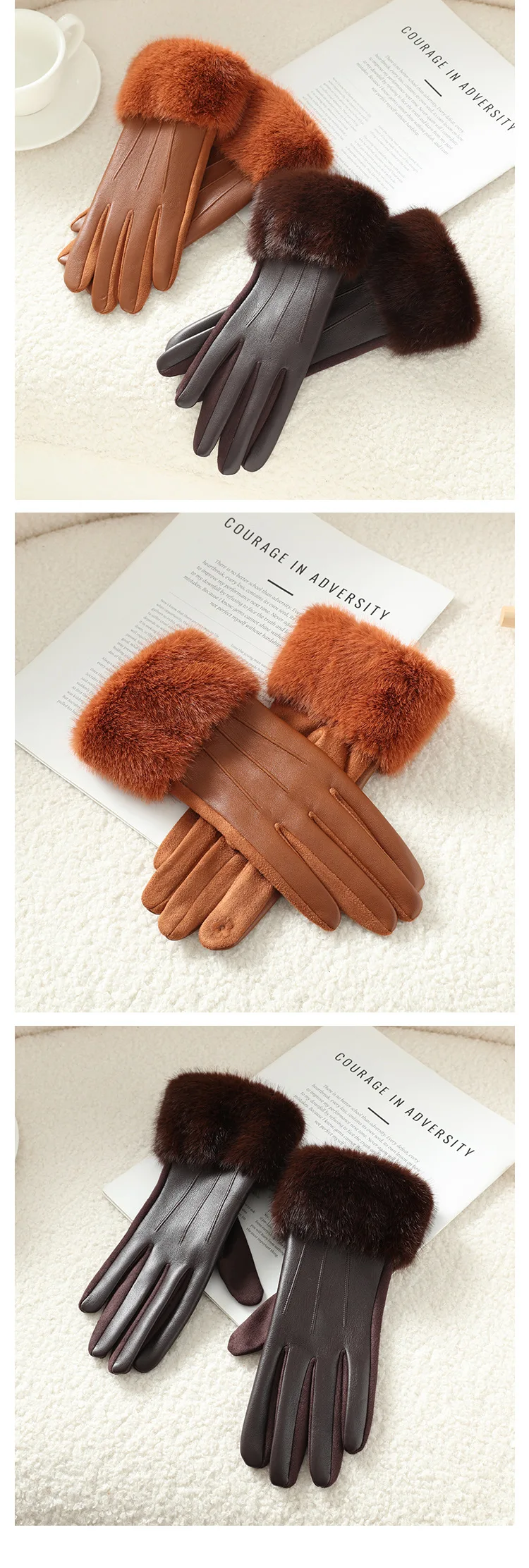 Winter Luxus frauen PU Leder Handschuhe Handgelenk Weiche Faux Pelz Trim Manschette Mode Elegante Party Warm Touch Screen Stick radfahren – Detail 3