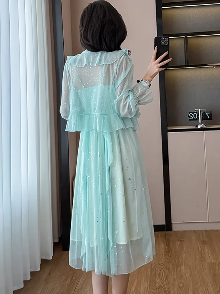 2025 Green Sequins Chic Ruffled Sling Long Dress+Long Sleeve Blouses Two Piece Sets Women Summer Elegant Casual Holiday Dresses