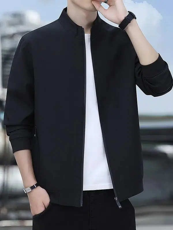 

Весенне-осенняя мужская повседневная куртка свободного кроя с воротником-стойкой, верхняя одежда для отдыха, полиэфирное волокно, длинная застежка-молния