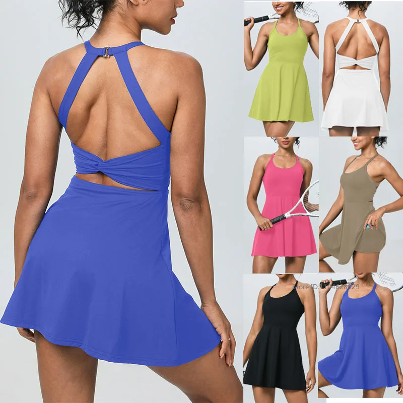 

Летнее женское сексуальное теннисное платье без рукавов с открытой спиной, А-силуэт, спортивное платье со встроенным бюстгальтером и шортами, эластичные юбки для тренировок