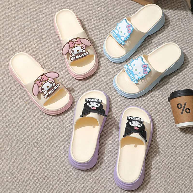 

Summer New Sanrio Women's Thick Bottom Slippers Cute Cartoon Hello Kitty My Melody Cinnamoroll Non Slip Soft Bottom Slippers