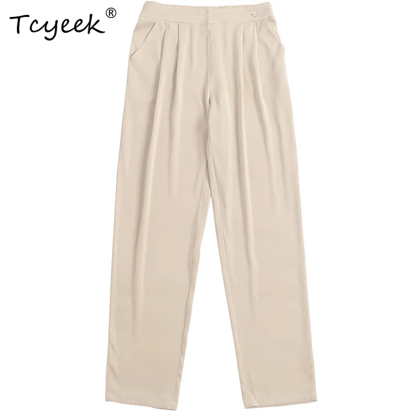 

Tcyeek 95% Mulberry 5% Spandex Summer Women's Pants Summer Thin 19mm Plus Size 9-inch Haren Woman Trousers Брюки Женские Летние