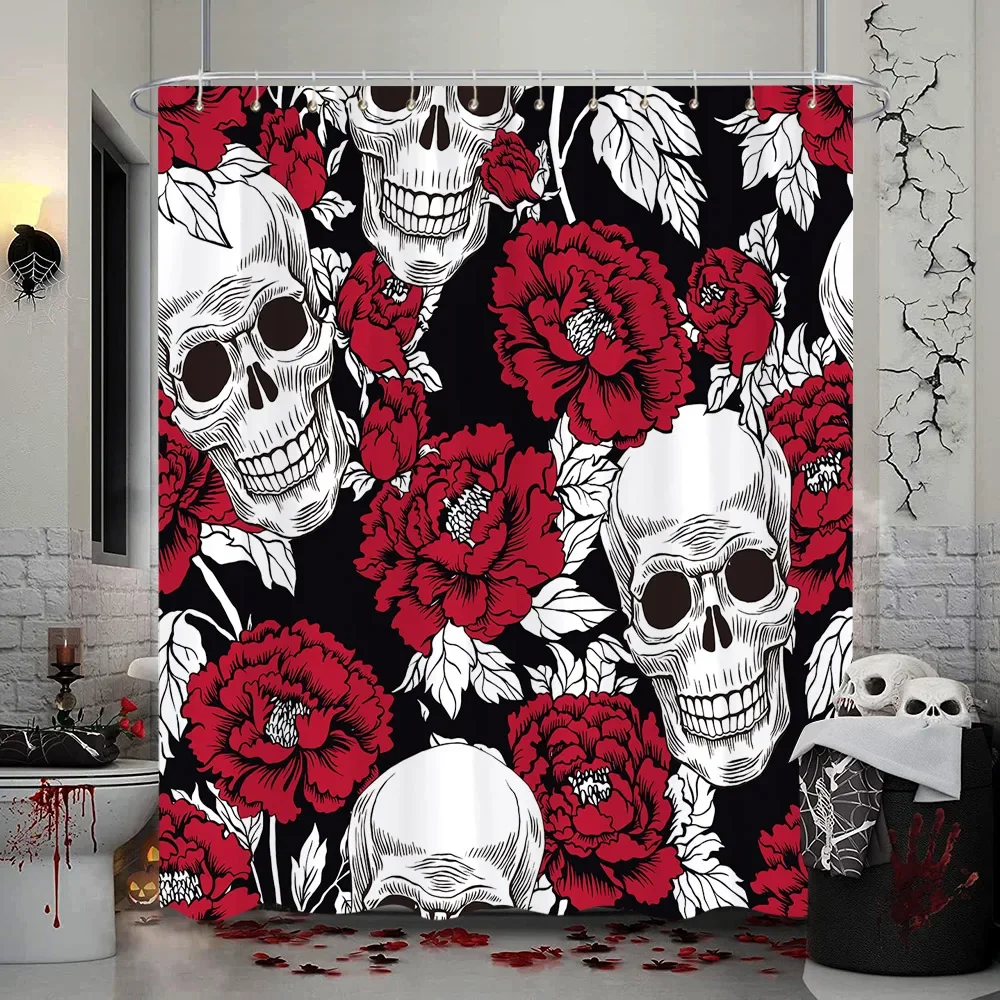 Halloween Skull Shower Curtain Sugar Rose Flowers Skull Skeleton All Saints Day Black and White Fabric Bathroom Decor With Hooks