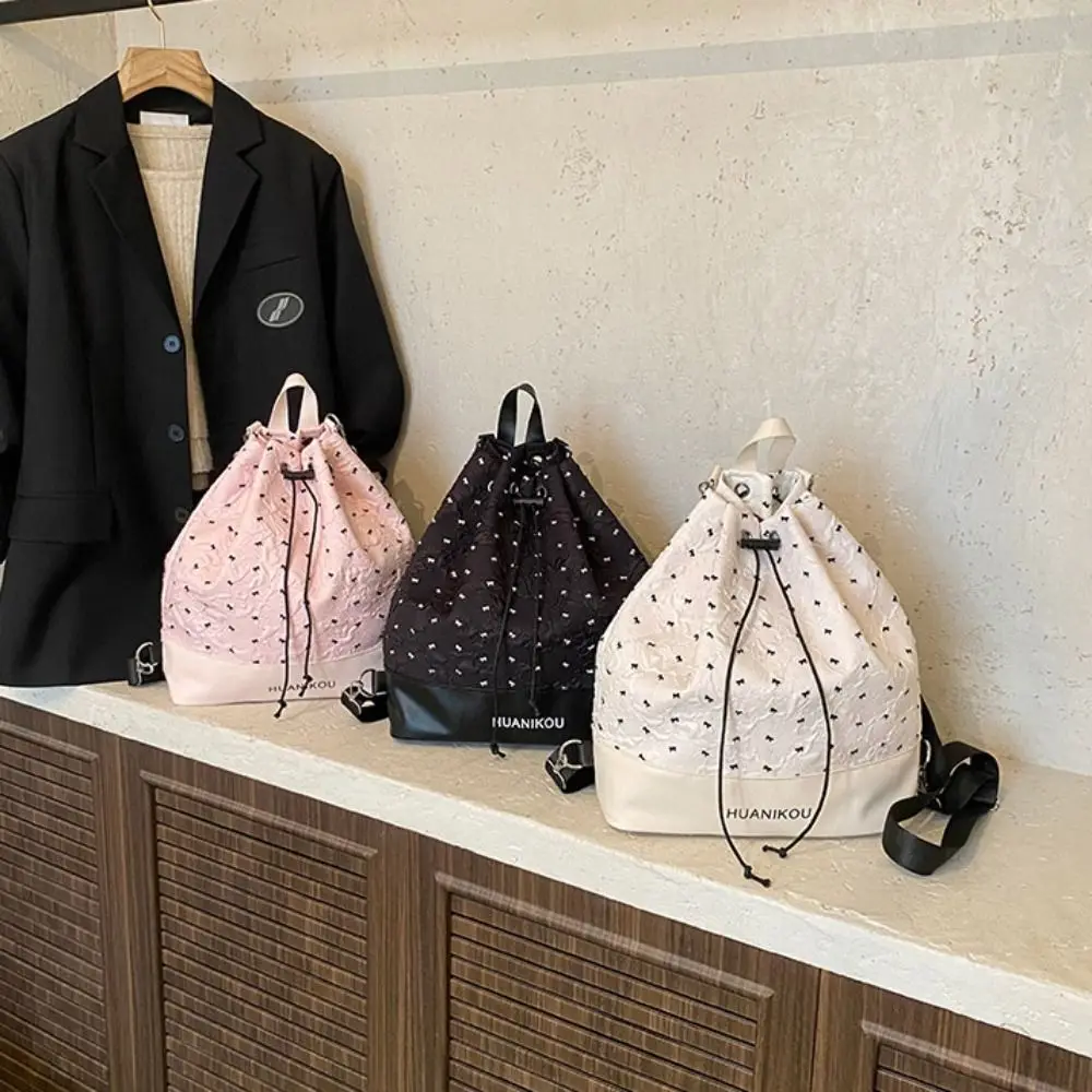 Großer Rucksack mit Schleife und Falten, leichtes Nylon, süße Umhängetasche, koreanischer Stil, Einkaufstasche, Kordelzug, Fitnesstasche, Einkaufen