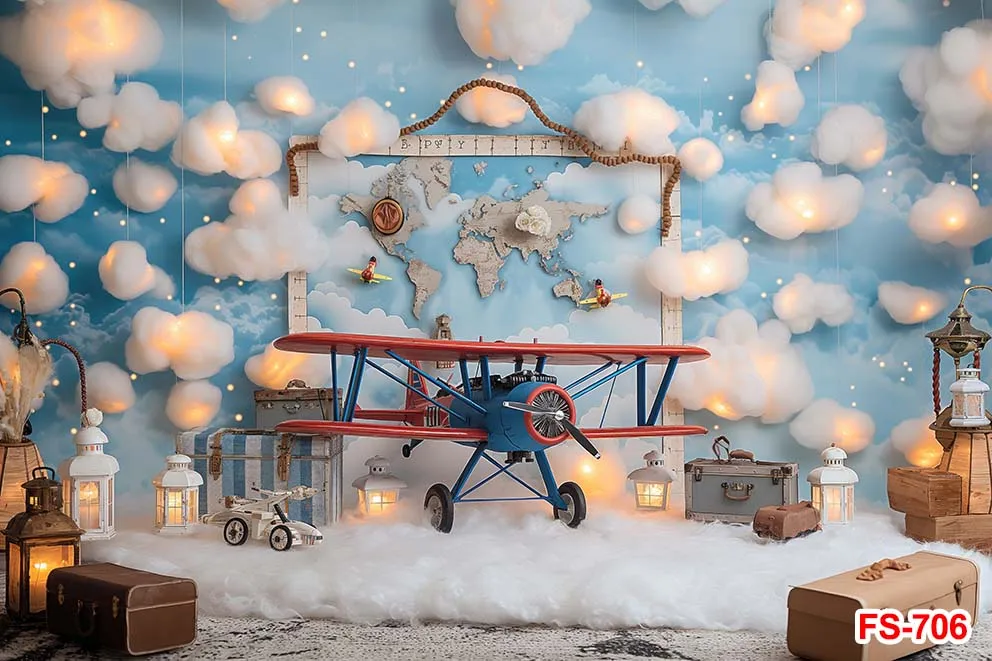 Vintage Airplane Scenery Photography for Boys 1st Birthday Party Backdrop Map Suitcases Travel Around The World Hot Air Balloon