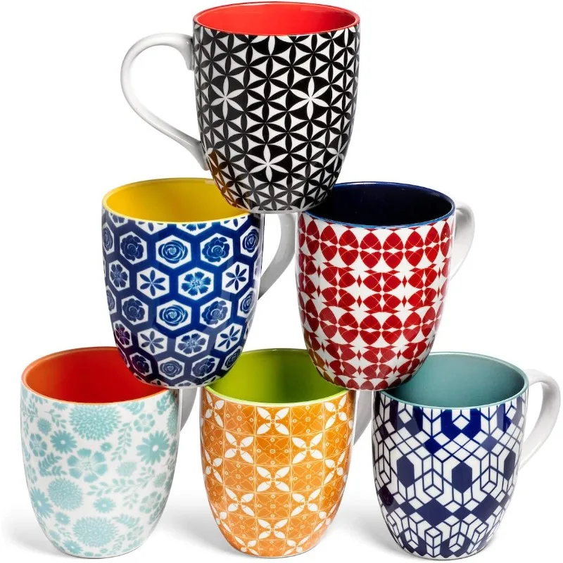 Coffee Mugs, Set of 6 Modern Colorful Cute Porcelain Mugs/Cups with Large Handle, for Women or Men, Great