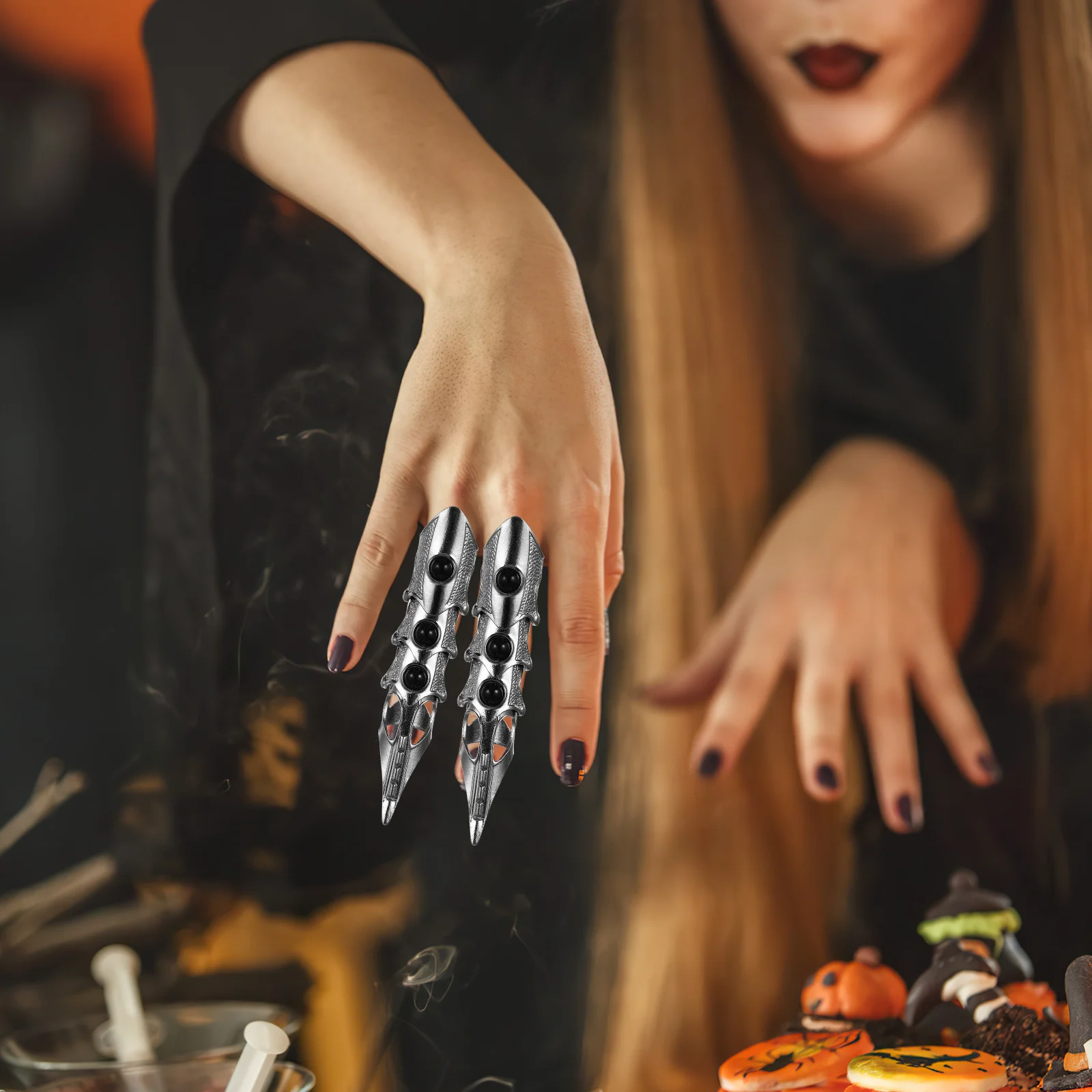 2Pcs Skull Vintage Full Finger Open Ring Gothic Joint Punk Style Halloween Costume Accessory for Men Women Finger