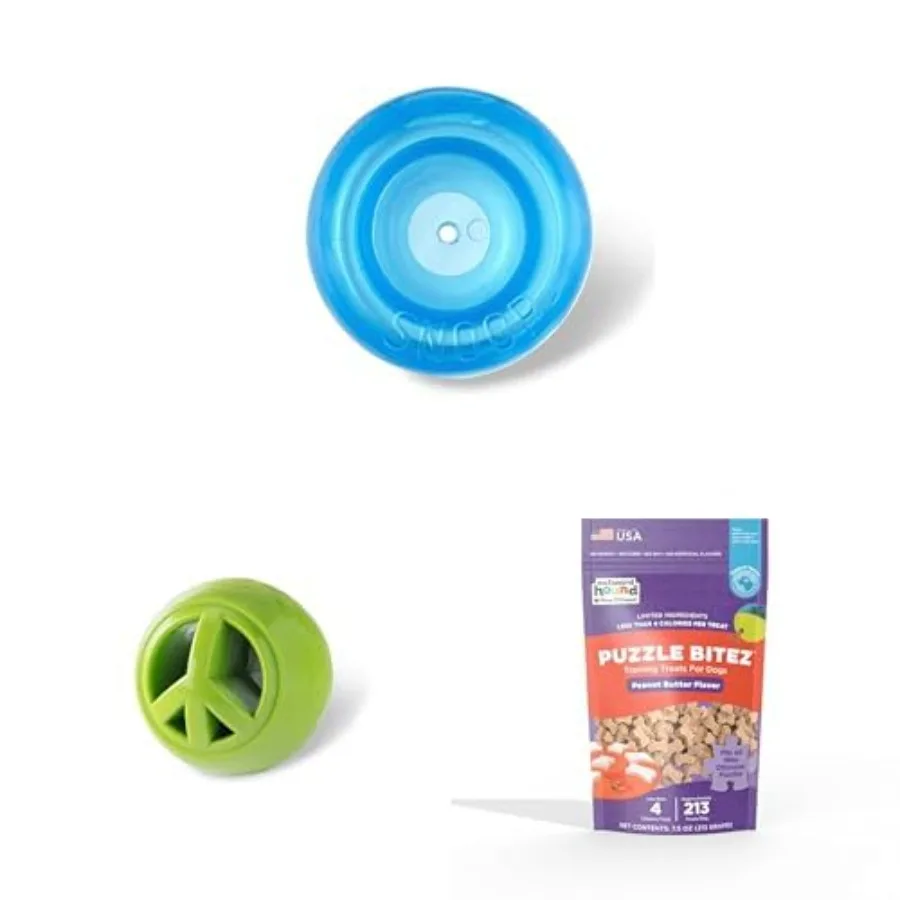 

Большие синие интерактивные игрушки-диспенсеры для лакомств Snoop and Peace Nook, а также тренировочные лакомства с арахисовым маслом Nina Ottosson Puzzle Bitez - Interactiv