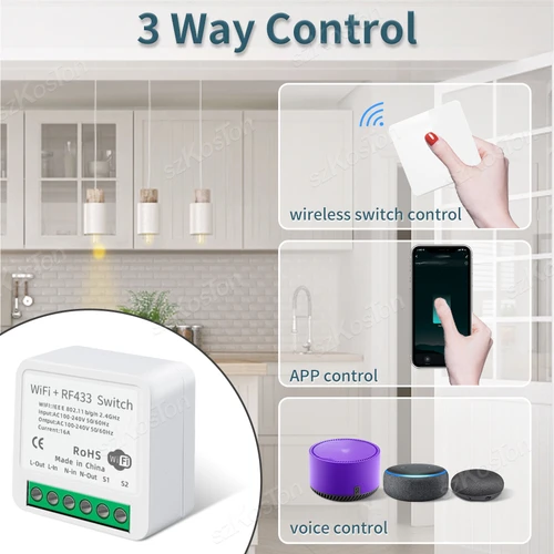 Imagen 2 del producto RF433 WiFi interruptor inteligente 2 en 1 Control inalámbrico Tuya 16A Mini receptor de relé módulo de interruptor de luz de hogar inteligente funciona con Alexa Google