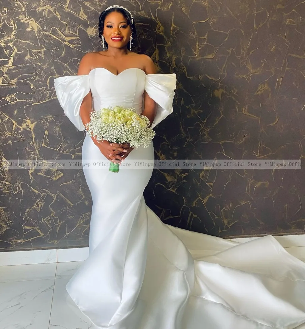 Simple White Mermaid Wedding Dresses for Bride Off Shoulder Sweep Train Satin Africa Bridal Gowns robes de mariee Customized