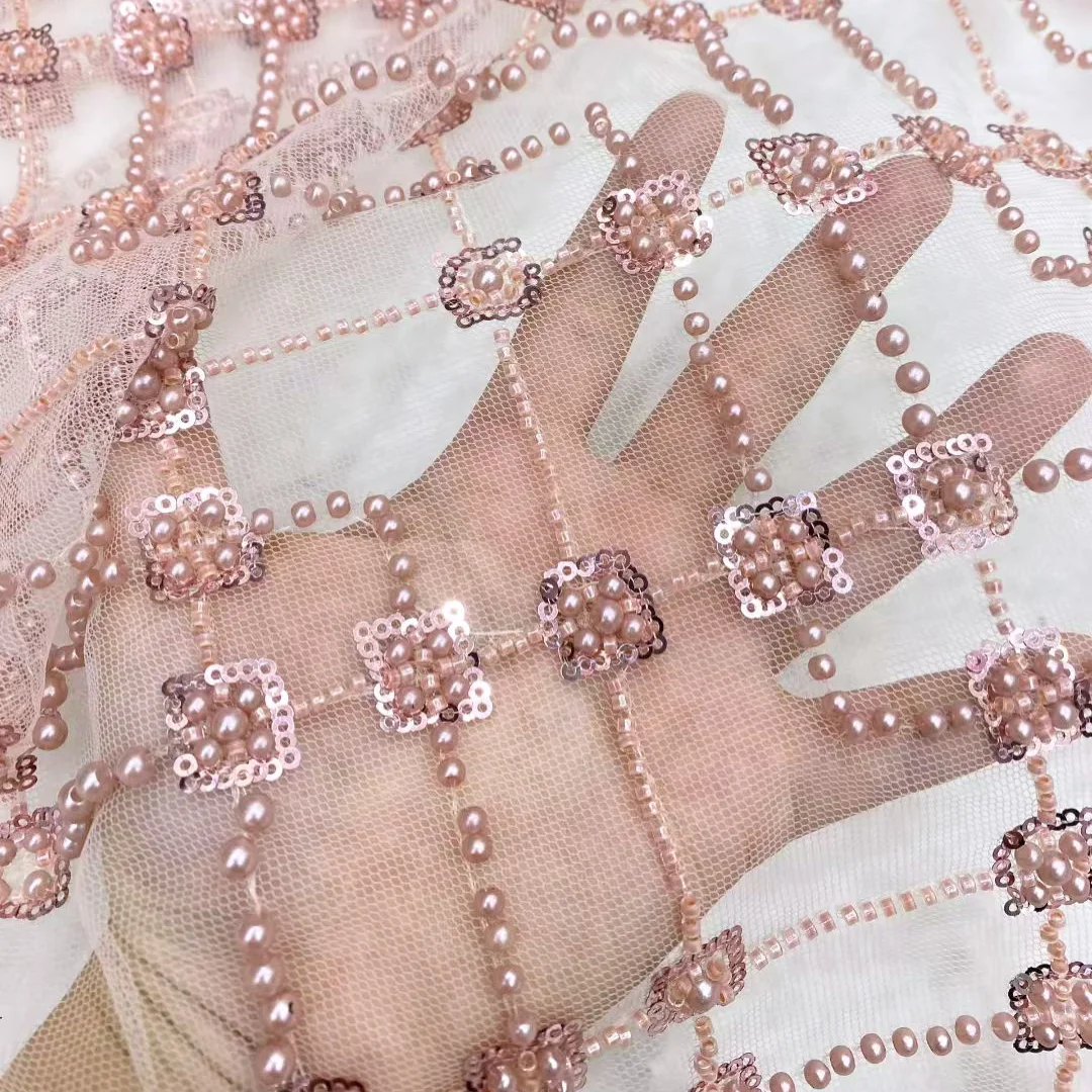 

Minimalist Lace Fabric African French Wave Embroidery Beaded Sequins Mesh Lace for Wedding Party Dress Nigerian Fashion Sewing