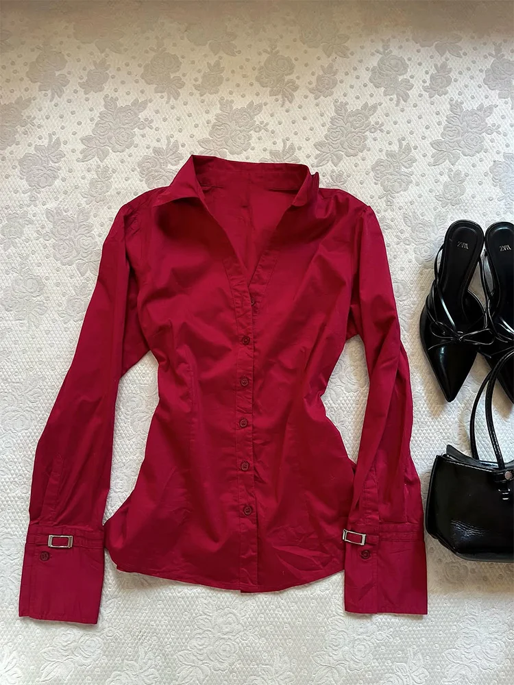 

Оригинальный женский осенний топ премиум-класса в стиле ретро Red Slim Fit Long Sve irt Ele Design Cotton Commute Sle