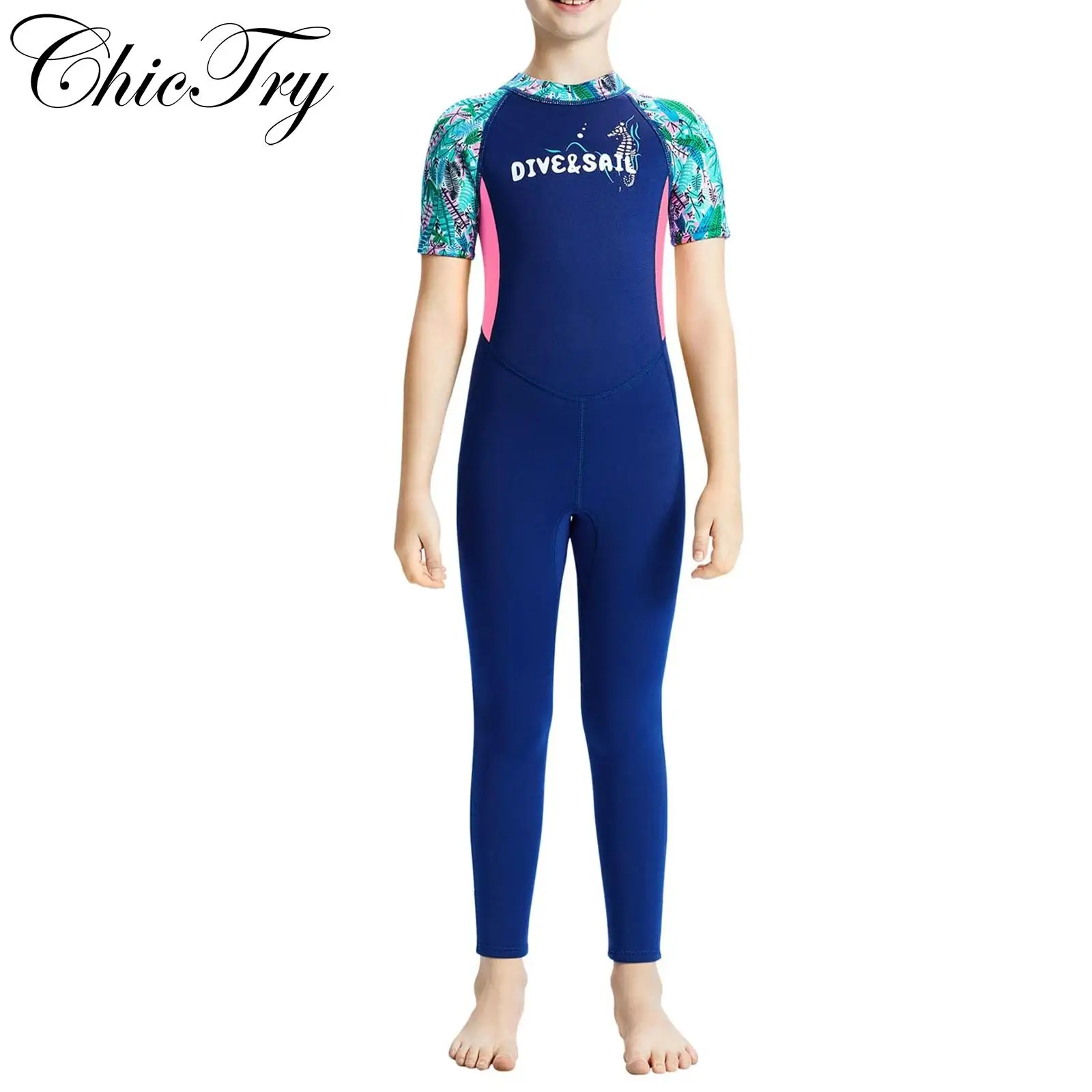 

Kids Girls Rash Guard Swimsuit 2.5mm Neoprene Wetsuit Leaf Print Swim Jumpsuit Back Zipper Bodysuit Thermal Surfing Swimwear
