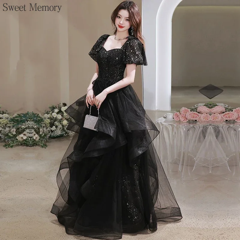 Sweet Memory Black Dress Evening Party Dresses Female Vintage Mesh Floor-Length Short Puff Sleeve Ball Gown Prom Dress