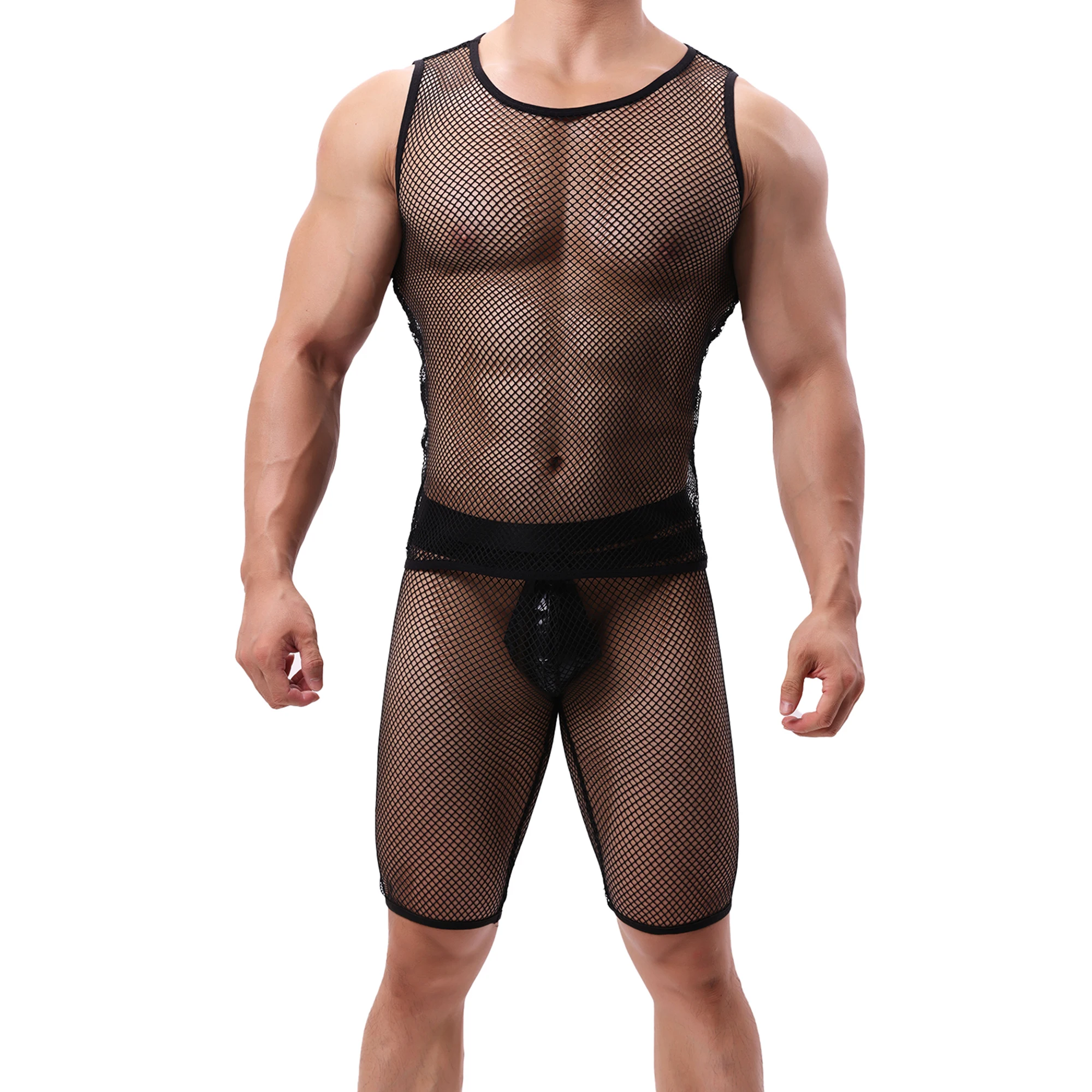 Men's Fishnet Mesh Tank Tops With Casual Shorts Stage Nightclub Performance Fetish Wear Hollow Out Fish-net Sheer Sexy Vest Set