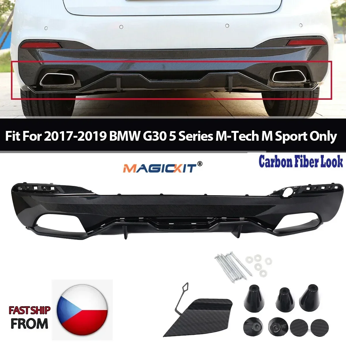 MagicKit Carbon Style Rear Diffuser For 2017-2020 BMW 5 Series G30 540i w/ M Sport Bumper