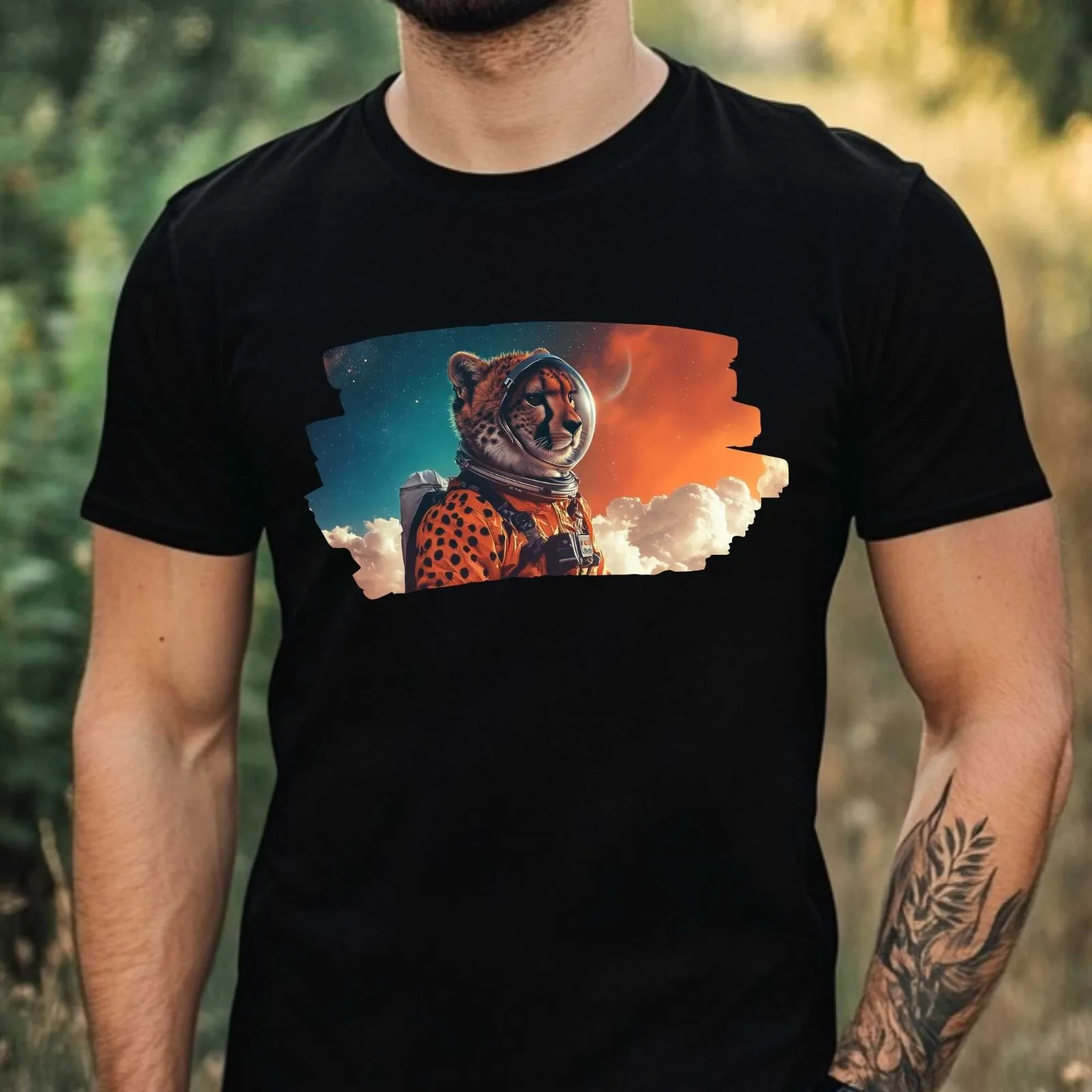 Herren-T-Shirt aus Baumwolle mit Geparden-Astronauten-Print, Größe XS bis 5XL