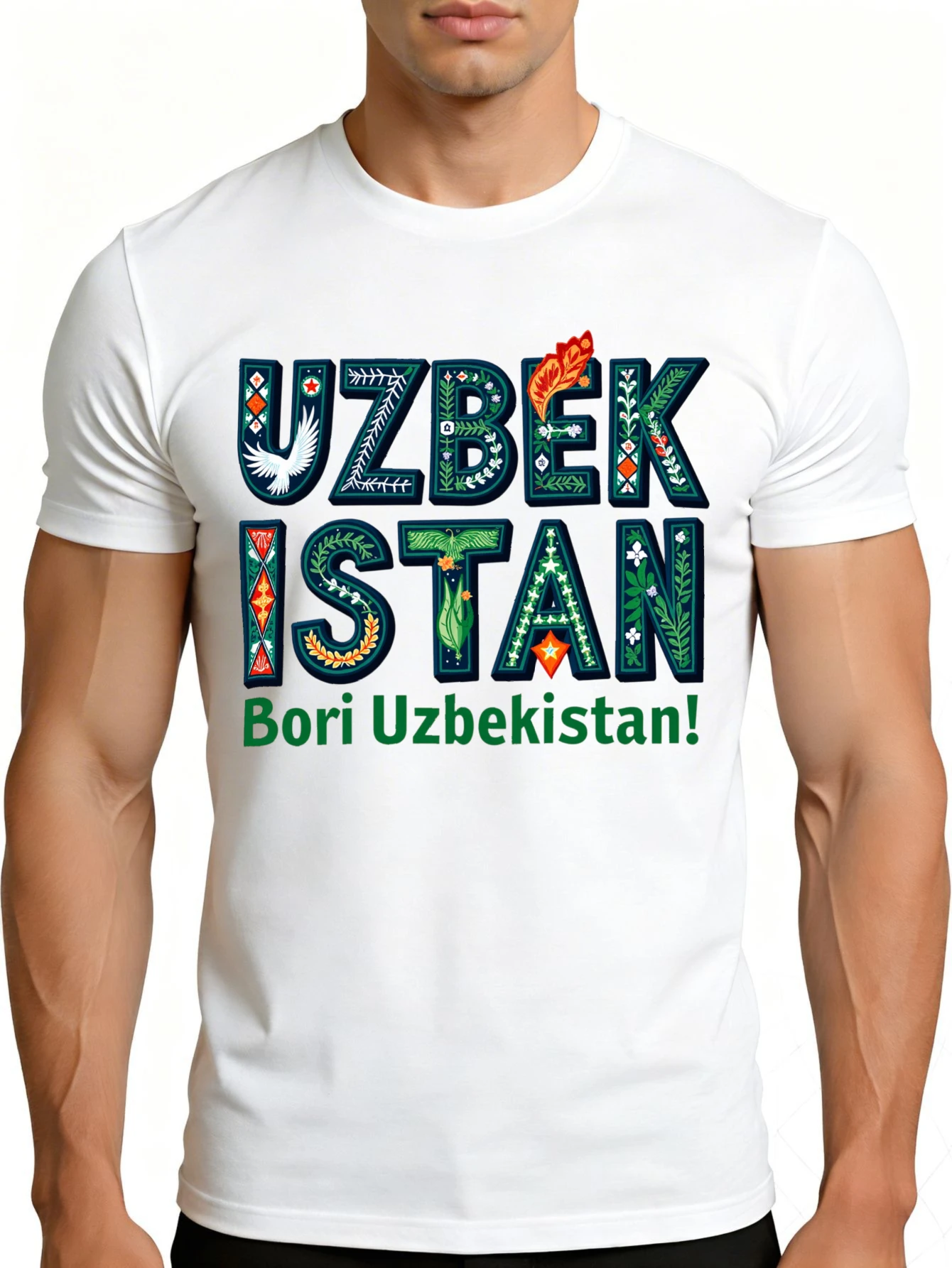 Men's Plain Graphic T-Shirt - Breathable, Soft, Lightweight - Uzbekistan Ethnic Pattern Design - Vintage Fun Graphic Casual Short Sleeve Summer Top, Gift for Him