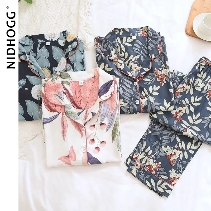 Nuovo 100% viscosa pantaloni a maniche lunghe pigiama vestito Plus Size lungo pigiameria casa delle donne pigiameria cotone seta due pezzi Set