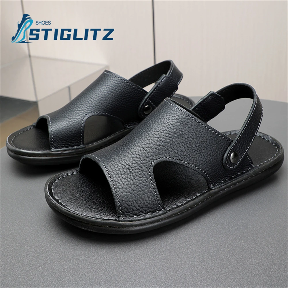 Men's Oxford Soft Sole Beach Slippers Suede Genuine Leather Open Toe Flat Casual Sandals Two Ways To Wear Back Belt Men's Shoes