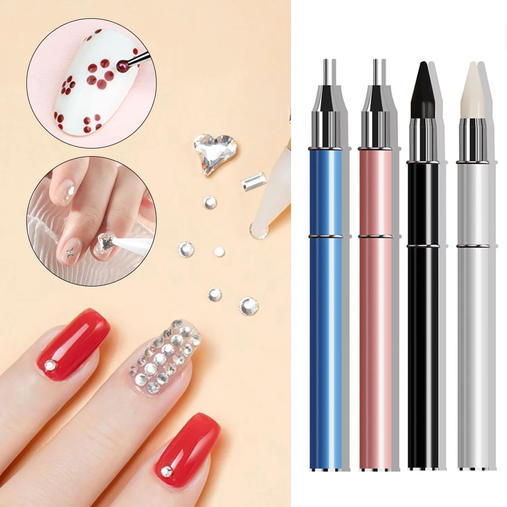 Dupla cabeça Nail Art Dotting Pen Strass Beads Picker com pincel de cera, Manicure Ponto Broca Ferramentas, Nail Decor, Novo