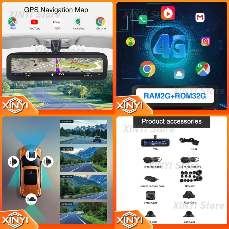 for 4G LTE Dash Camera Car DVR Black Box 4 Lens Dashcam Front Rear Live Streaming on Phone for Long Distance Travel Security