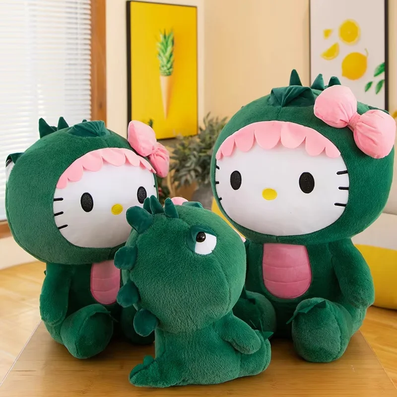 Saniro Hellokitty 35/50cm Plush Toy Anime Cartoon Green Dinosaur Lovely Pillow Soft Kawaii Cute Plushie Doll Room Decor Gift Kid