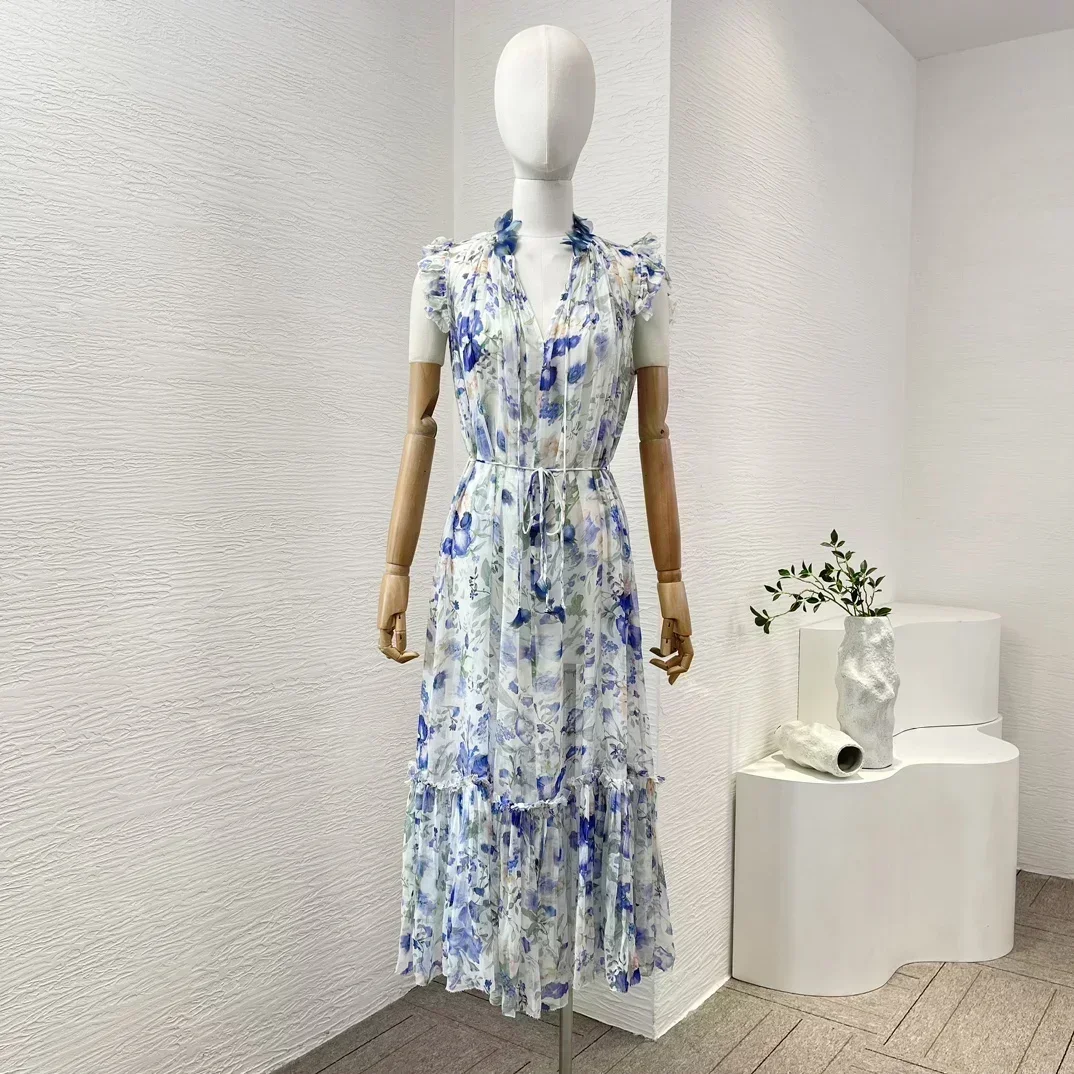 

White Blue 2024 Floral Print Sleeveless Ruffles Midi Dress Appliqued Beach Style High Quality Lace-up Women Summer Clothing