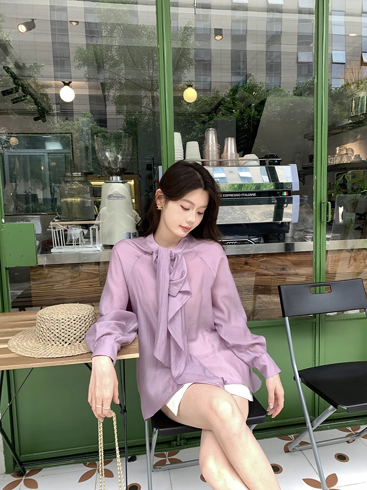 

Летняя женская блузка Syeee с круглым вырезом, шелковистой текстурой, нежная, универсальная, приталенная, дышащая, с длинным рукавом