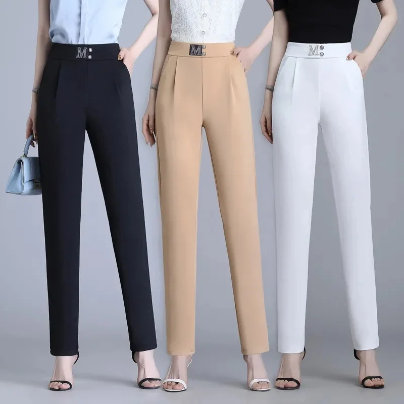 Sarouel en soie glacée pour femme, pantalon court de haute qualité, taille haute, polyvalent, costume tombant, nouvelle collection été 2025