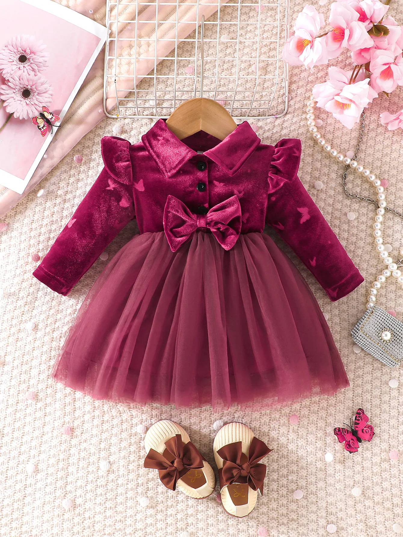 

Winter 2024 Girls Dress Girls Long Sleeve Turn-down Collar Bow Blue Cute Preepy Look Birthday Party Dresses Vestidos 3M-3T