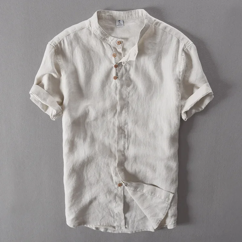 Summer Short Sleeve Shirts for Men Pure Linen Slim Thin Style Casual Solid White Tops Plus Size M-4XL Male Vintage Clothing