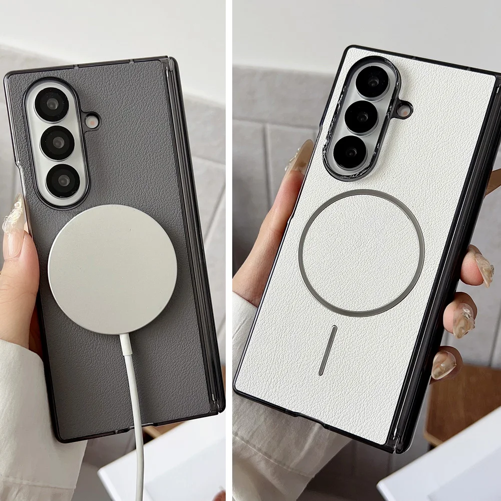 

Роскошный деловой кожаный тонкий магнитный чехол с петлями для телефона Samsung Z Fold 7, 6, 5, 4, защитный чехол для беспроводного зарядного устройства