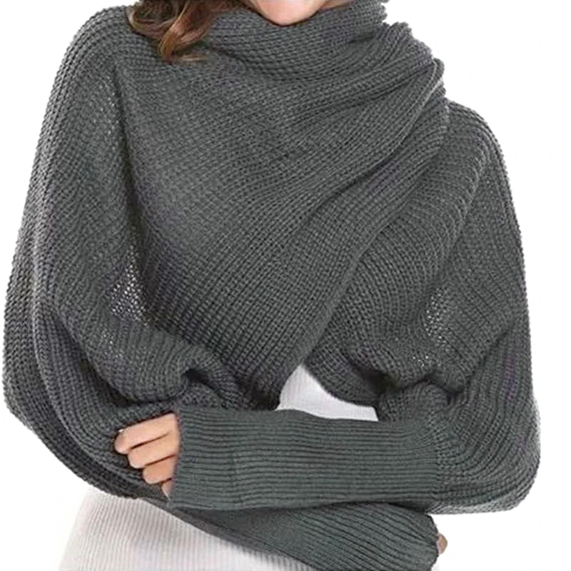 Knitted Shawl With Long Sleeves Elegant Solid Color Wrap Scarf Soft Warm Short Top Autumn Winter Coldproof Knit Shawl Scarves