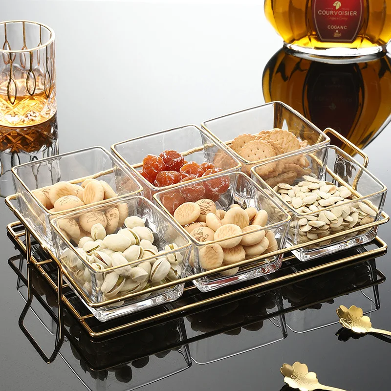 Amber Square Glass Bowl Snack Platter Nut Cookies Candy Bowl Home Sauce Glass Platter Hotel Tableware with Metal Storage Rack