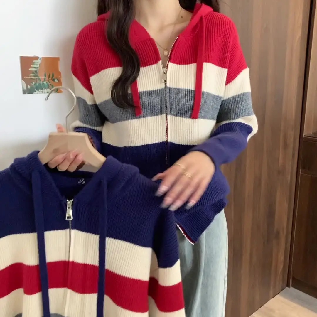 

Autumn Winter Contrast Color Striped Hooded Women's Sweater Fashion Slim Fit Temperament All-Match Simple Elegant Female Tops