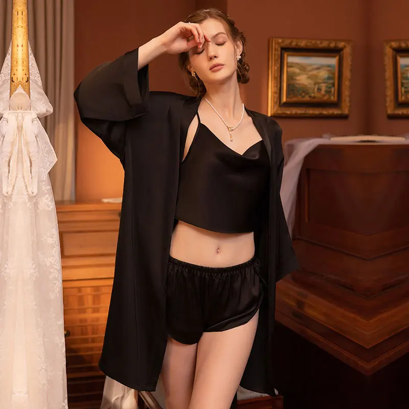 Summer New Ice-silk Three Pieces Women\'s Robes + Tops + Shorts Pajamas Sets Sexy Female Silky Soft Evening Home Clothes French