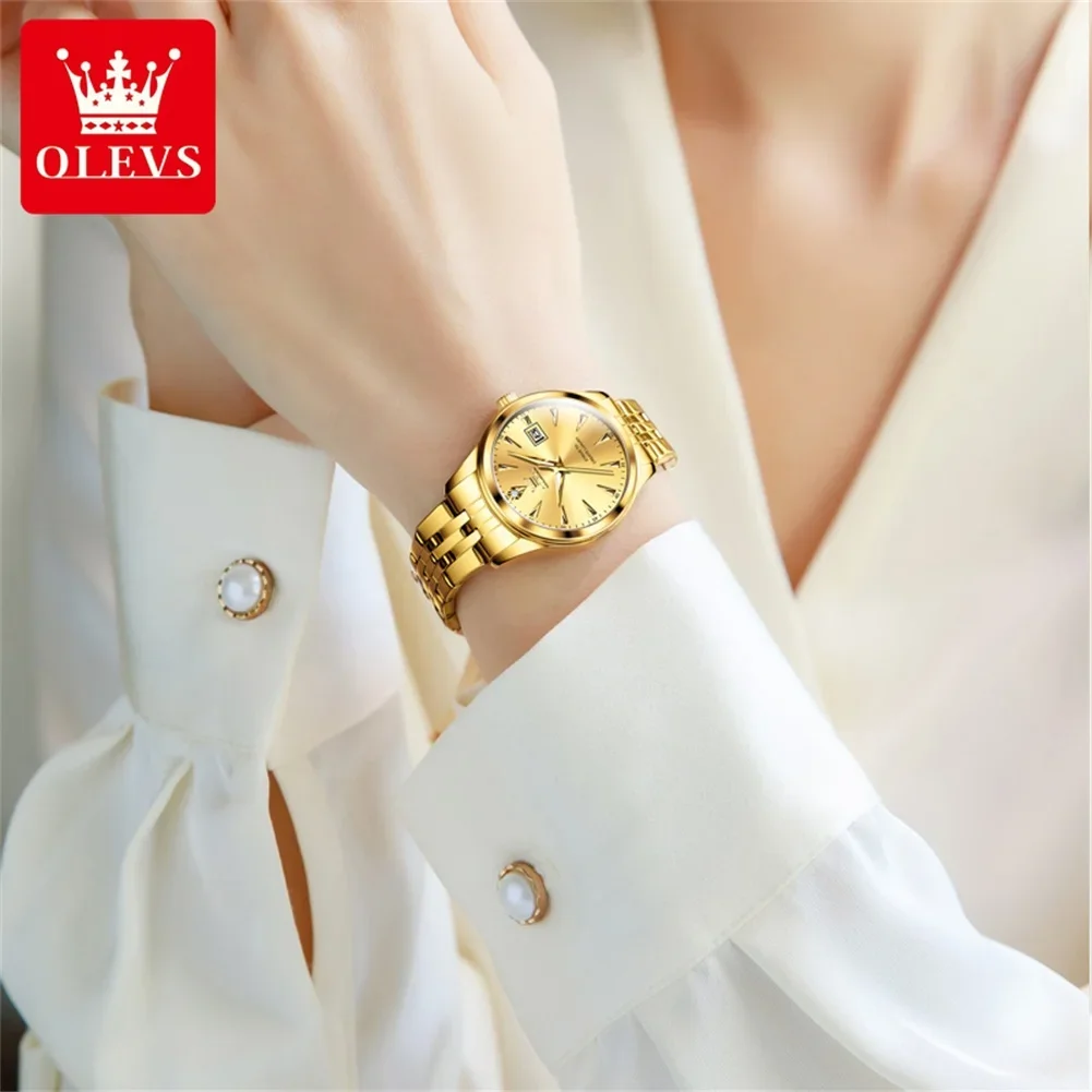 Olevs elegante relógio de quartzo original para mulheres luxo aço inoxidável relógio feminino à prova dwaterproof água luminosa data moda relógio de pulso